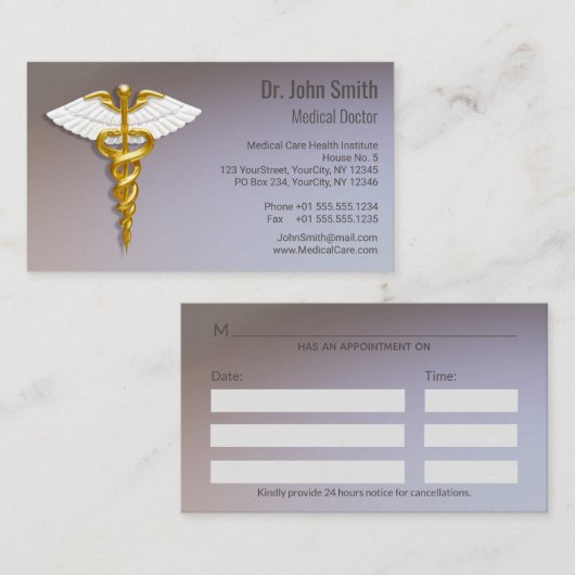Carte De Rendez-vous Médicale Elegant Gold Caduceus ailes blanches (Devant / Derrière)