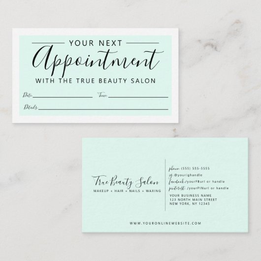 Carte De Rendez-vous Minuscule Elegant Mint Vert Bordure Blanche Script (Devant / Derrière)