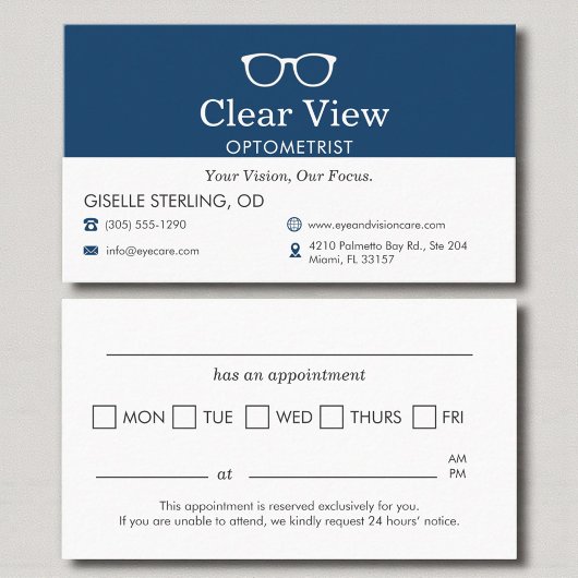 Carte De Rendez-vous Modern Navy Blue Appointment Reminder Optometrist