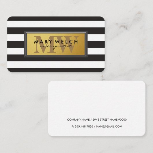 Carte De Rendez-vous Monogramme noir blanc rayures (Devant / Derrière)