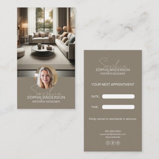 Carte De Rendez-vous Nom de script de designer d'intérieur Taupe (Devant / Derrière)