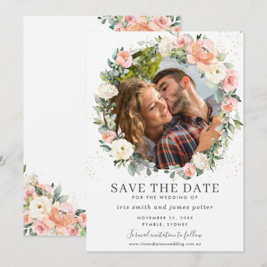 Carte de rendez-vous photo florale rose ivoire pêc (Devant / Derrière)