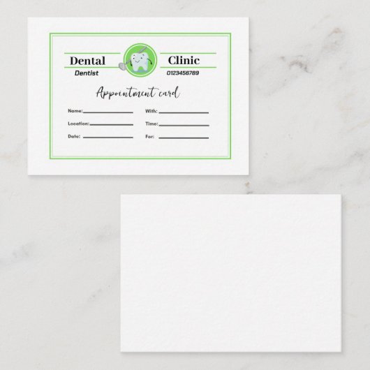 Carte de rendez-vous pour dentiste (Devant / Derrière)