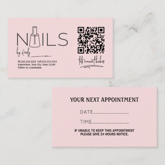Carte De Rendez-vous QR Code Blush Coiffeur rose Manicuriste (Devant / Derrière)
