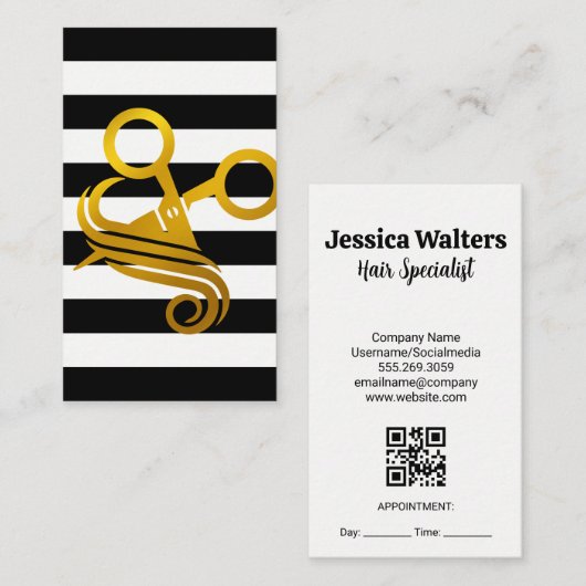 Carte De Rendez-vous Rayures | Ciseaux d'or (Devant / Derrière)