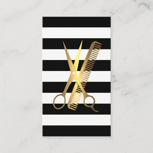 Carte De Rendez-vous Rayures | Logo Peigne Ciseaux Dorés (Devant)