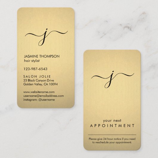 Carte De Rendez-vous Simple Monogramme Black & Faux Gold Foil Vertical (Devant / Derrière)
