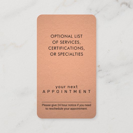 Carte De Rendez-vous Simple Script Cuivre Faux Foil Élégant Vertical (Dos)