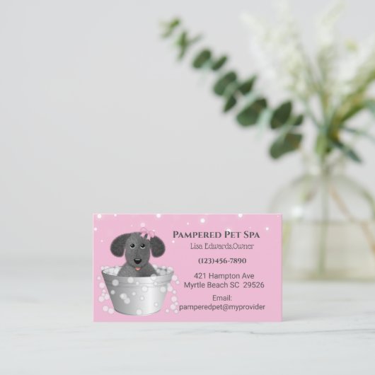 Carte de rendez-vous Spa de chien de taille rose (Debout devant)