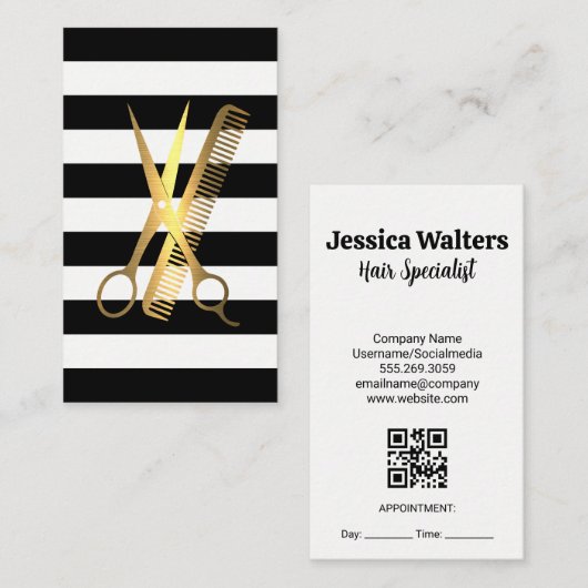 Carte De Rendez-vous Stripes | Golden Scissors Comb Logo (Devant / Derrière)