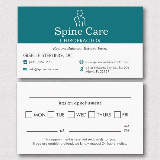 Carte De Rendez-vous Teal Chiropractor Appointment Reminder Card