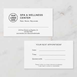 Carte De Rendez-vous Thérapeute de Massage Spa Moderne Blanc