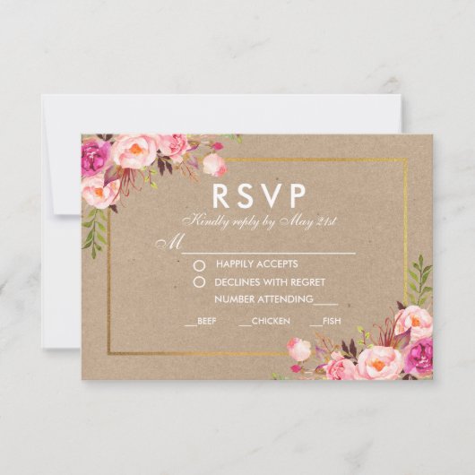 Carte de repas Mariage Kraft Rose Floral Gold RSVP (Devant)