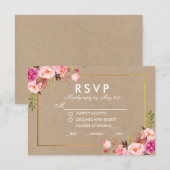 Carte de repas Mariage Kraft Rose Floral Gold RSVP (Devant / Derrière)