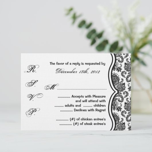 Carte de réponse 3x5 R.S.V.P. Black White Damask L (Debout devant)
