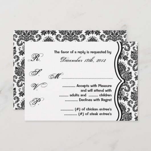 Carte de réponse 3x5 R.S.V.P. Black White Damask L (Devant / Derrière)