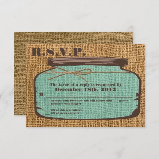 Carte de réponse 3x5 R.S.V.P. Mason Jar Burlap Pay (Devant / Derrière)