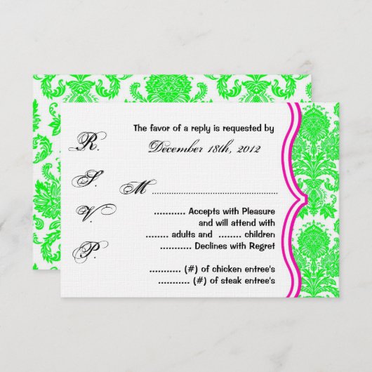 Carte de réponse 3x5 R.S.V.P. Neon Green Pin Damas (Devant / Derrière)