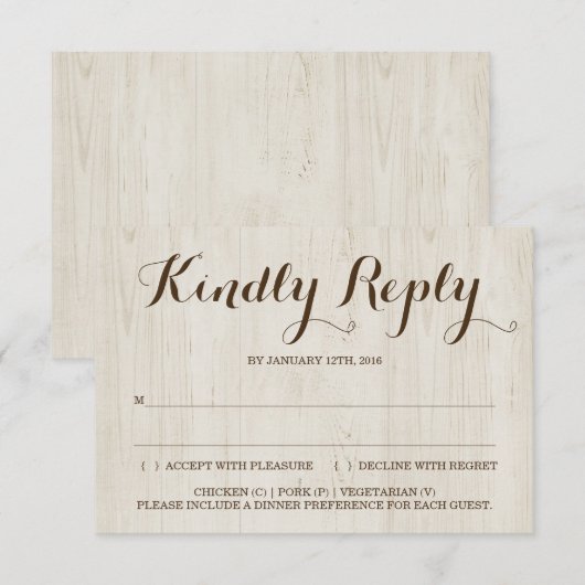 Carte de réponse à insérer sur invitation rustique (Devant / Derrière)
