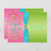 Carte de réponse à la florale rose, aqua et lime (Devant / Derrière)