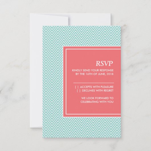 Carte de réponse à motif chevron bleu et corail (Devant)