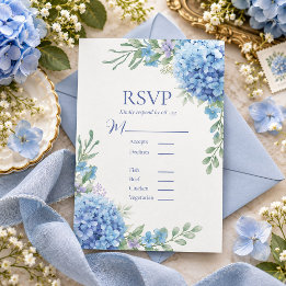 Carte de réponse à motif floral bleu Hortensia
