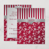Carte de réponse à motifs floraux rouges et argent (Devant / Derrière)