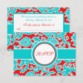 Carte de réponse Aqua Blue, Rouge, Blanc Damask (Devant / Derrière)