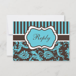 Carte de réponse Aqua, Brown, blanc strié Damask