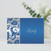 Carte de réponse Argent et Cobalt Blue Damask (Debout devant)