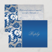 Carte de réponse Argent et Cobalt Blue Damask (Devant / Derrière)