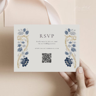 Carte de réponse Art Nouveau florale bleu marine a