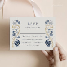 Carte de réponse Art Nouveau florale bleu marine a