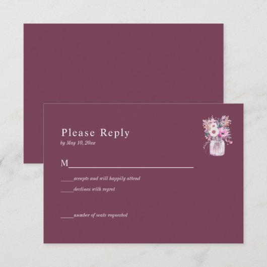 Carte de réponse avec pot de fleurs en bourgogne e (Devant / Derrière)