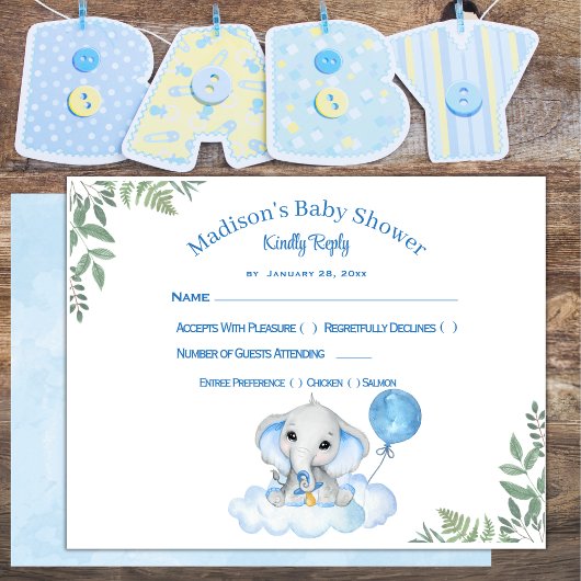 Carte de réponse Baby shower éléphant du garçon