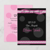 Carte de réponse Bat mitzvah Pois rose et noire (Devant / Derrière)