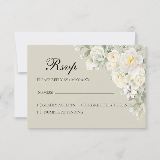Carte de réponse beige Roses blanches (Devant)