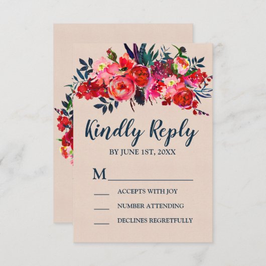 Carte de réponse Boho Red Floral RSVP (Devant / Derrière)