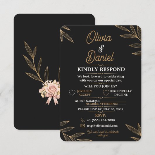 Carte de réponse botanique Or Noir modifiable RSVP (Devant / Derrière)