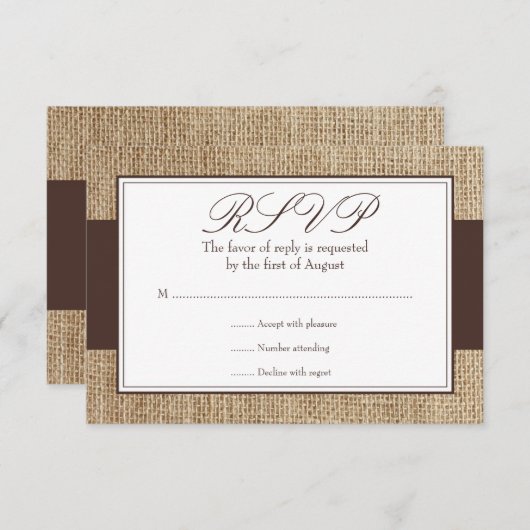 Carte de réponse Brown de Burlap rustique (Devant / Derrière)