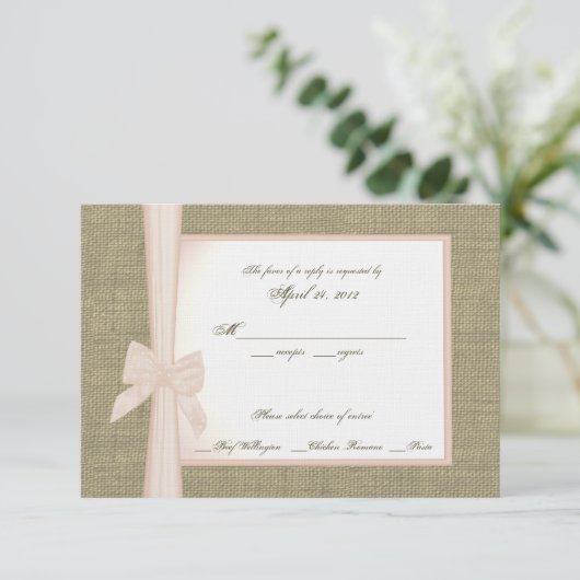 Carte de réponse Burlap et Blush Bow (Debout devant)