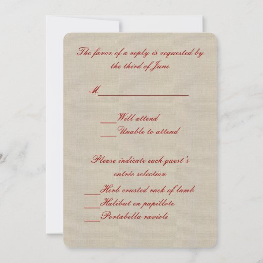 Carte de réponse Burlap Rustique Mason Rouge (Dos)