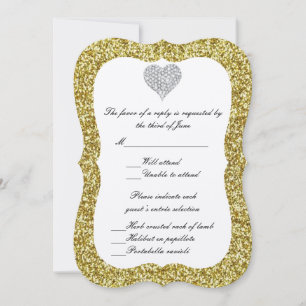 Carte de réponse Cœur de diamant paillettes dorées
