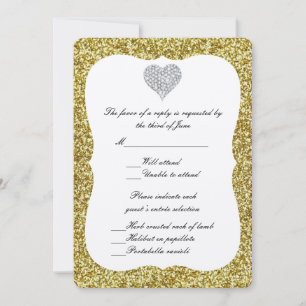 Carte de réponse cœur diamant paillettes or
