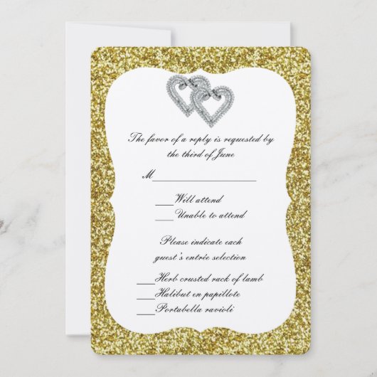 Carte de réponse Cœurs de diamant paillettes dorée (Devant)