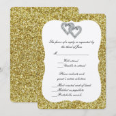 Carte de réponse Cœurs de diamant paillettes dorée (Devant / Derrière)