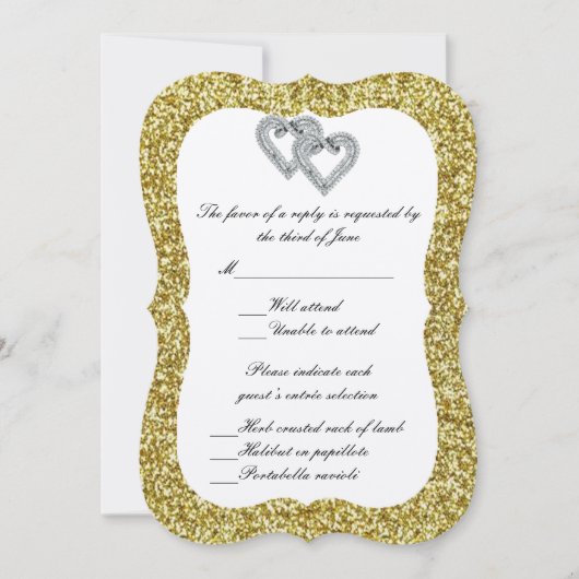 Carte de réponse Cœurs de diamant paillettes dorée (Devant)