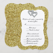 Carte de réponse Cœurs de diamant paillettes dorée (Devant / Derrière)