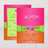 Carte de réponse Cœurs Fleuris Rose Orange Lime Un (Devant / Derrière)