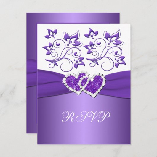 Carte de réponse cœurs joints floraux violet et bl (Devant / Derrière)